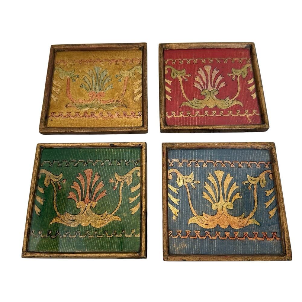Vintage Coaster Set Of 4 Wooden Acrylic Top MCM Bohemian Floral Exotic